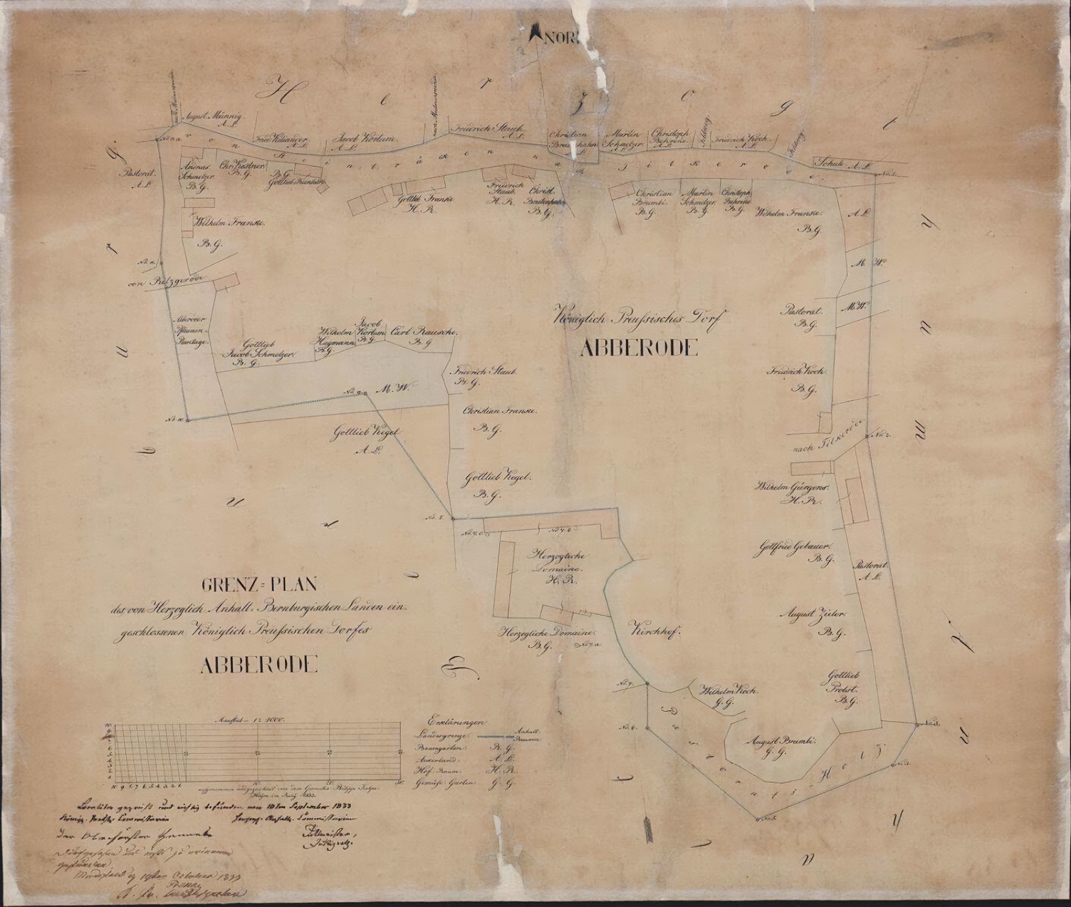 Bereitgestellter historischer Grenzplan von Abberode und Tilkerode aus dem Jahr 1833