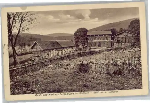 Historische Postkarte des Gast- und Kurhauses Leinemühle mit Fachwerkbauten