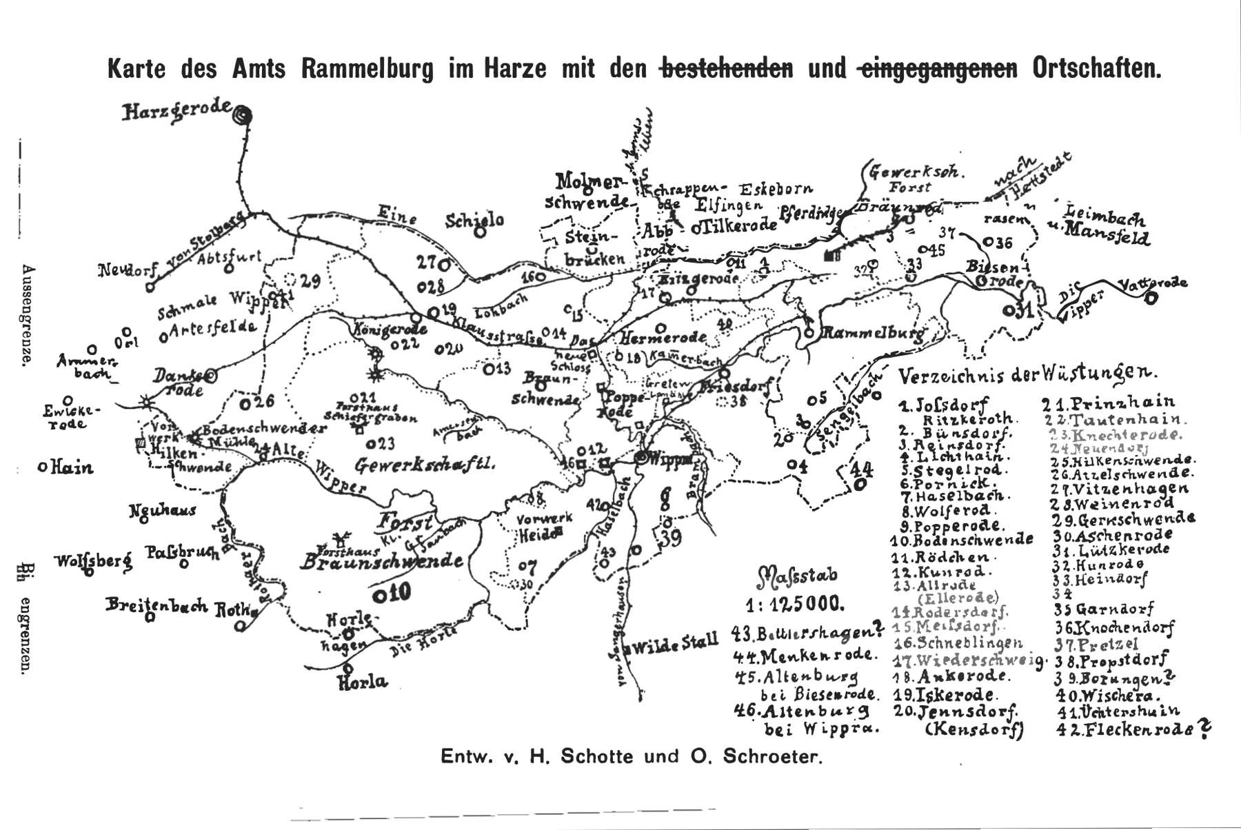 Karte des Amtes Rammelburg mit alten Siedlungen, aus Hermann Schottes Chronik von 1906