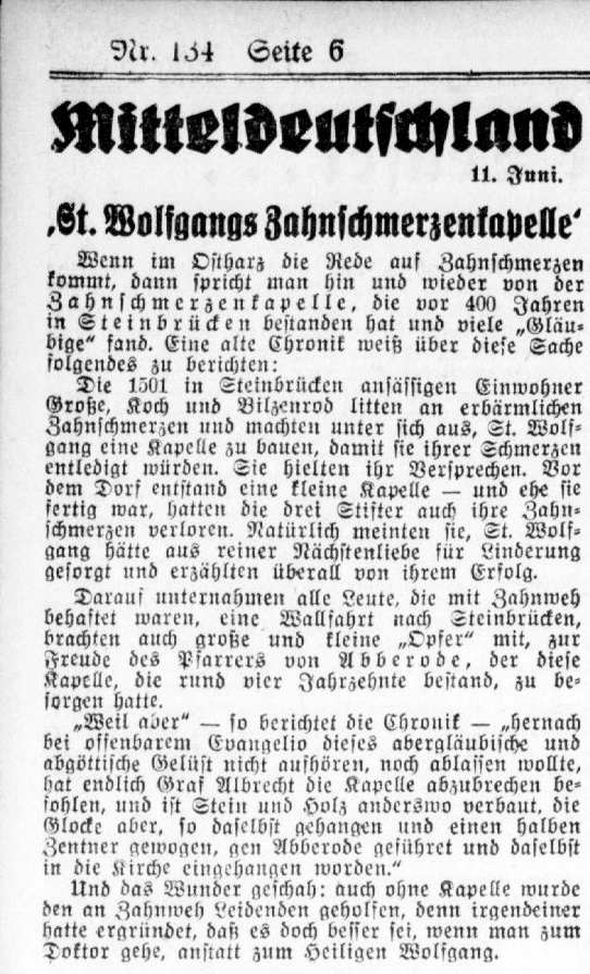 Drei Männer, hartnäckiges Zahnweh und eine Kapelle: So erzählten es die Hallischen Nachrichten am 11. Juni 1941 auf Seite 6.