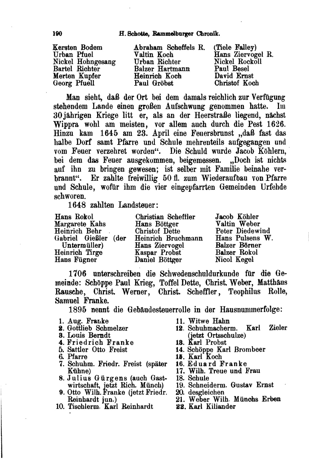 Chronikseite 190 mit dem Bericht über den Abberöder Dorfbrand vom 23. April 1645