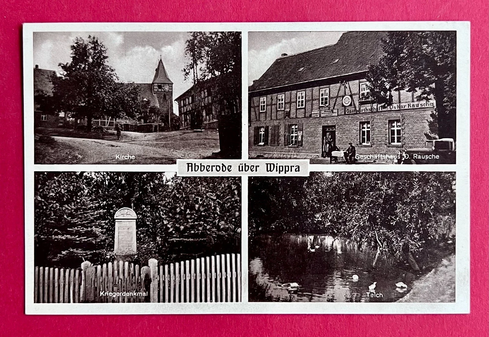 Mehrbildkarte „Abberode über Wippra“ mit Kirche, Geschäftshaus, Denkmal und Teich · Privatsammlung